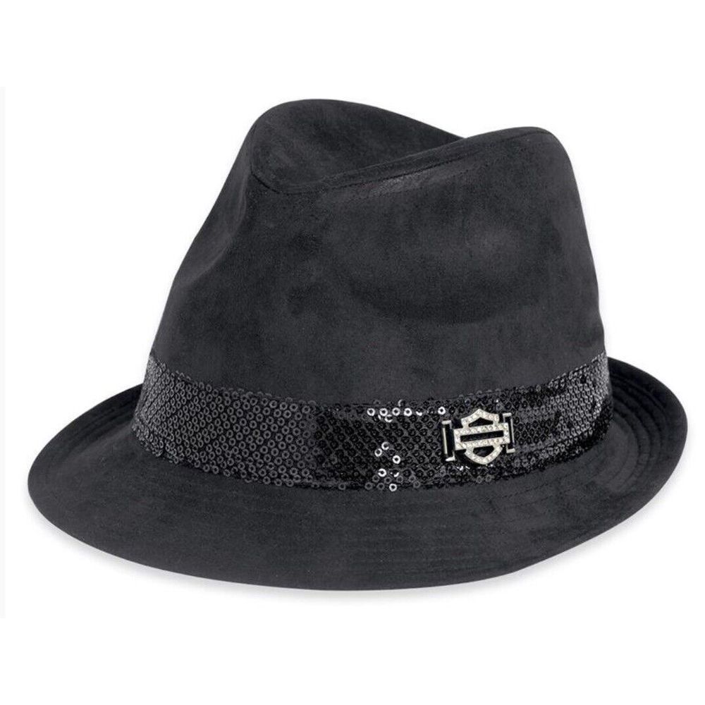 Harley Davidson Black Fedora W/ Sequin Size S 2012 Suede Look‎ NWT